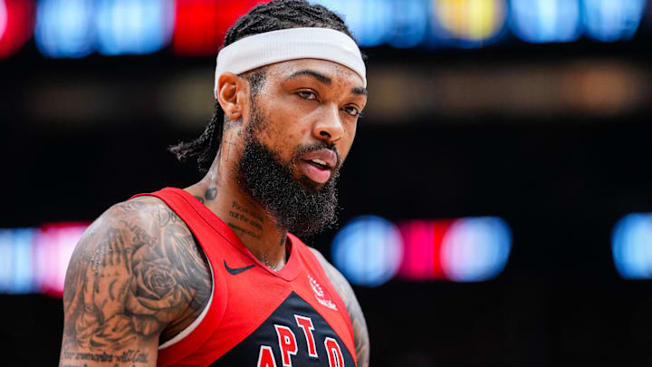 Feb 8, 2026; Toronto, Ontario, CAN;  Toronto Raptors forward Brandon Ingram (3) looks on against the Indiana Pacers at Scotiabank Arena. Mandatory Credit: Kevin Sousa-Imagn Images