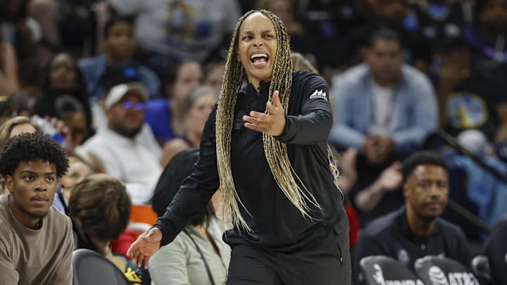 Jul 13, 2024; Chicago, Illinois, USA; Chicago Sky head coach Teresa Weatherspoon reacts during the second half of a WNBA game against the New York Liberty at Wintrust Arena. Mandatory Credit: Kamil Krzaczynski-Imagn Images