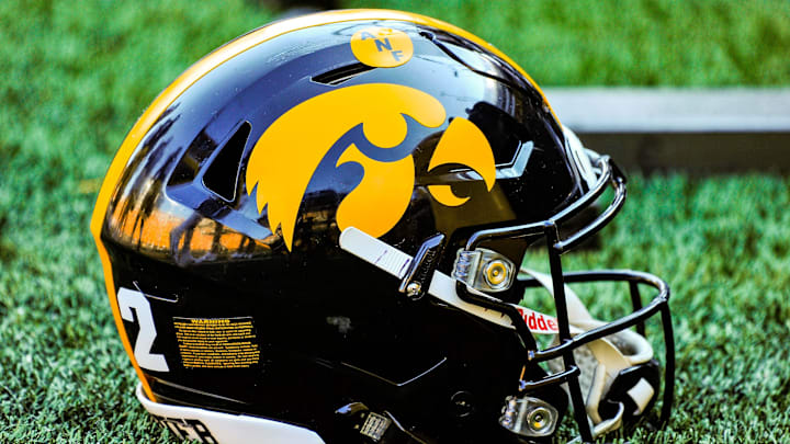 Sep 18, 2021; Iowa City, Iowa, USA; A Hawkeye helmet sits on the sidelines during the game between the Iowa Hawkeyes and the Kent State Golden Flashes at Kinnick Stadium. Mandatory Credit: Jeffrey Becker-Imagn Images