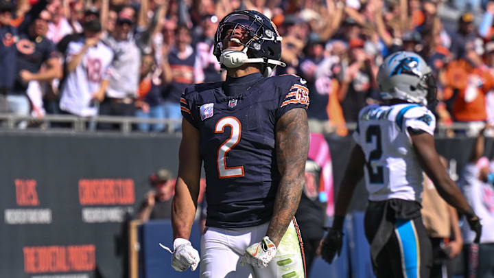 DJ Moore celebrates one of his two touchdown catches in Sunday's 36-10 Bears win at Soldier Field.