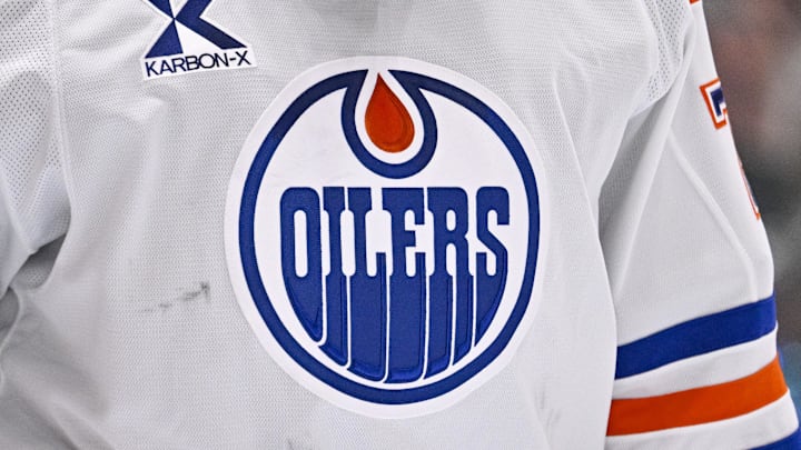 May 29, 2025; Dallas, Texas, USA; A view of the logo of the Edmonton Oilers on the jersey of goaltender Stuart Skinner (74) during the game between the Dallas Stars and the Edmonton Oilers in game five of the Western Conference Final of the 2025 Stanley Cup Playoffs at American Airlines Center. Mandatory Credit: Jerome Miron-Imagn Images