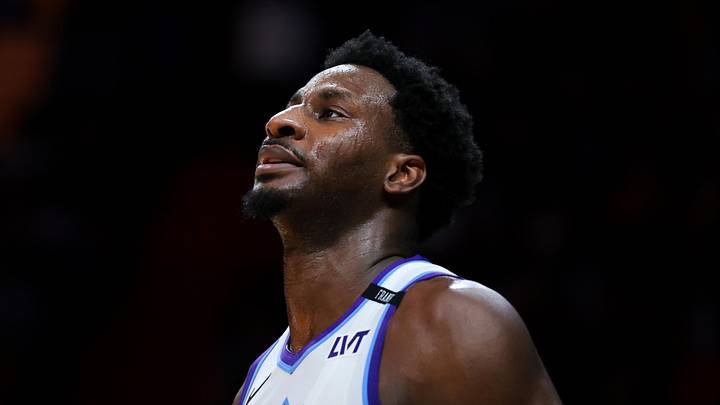 Feb 9, 2026; Miami, Florida, USA; Utah Jazz forward Jaren Jackson Jr. (20) looks on against the Miami Heat during the second quarter at Kaseya Center. Mandatory Credit: Sam Navarro-Imagn Images