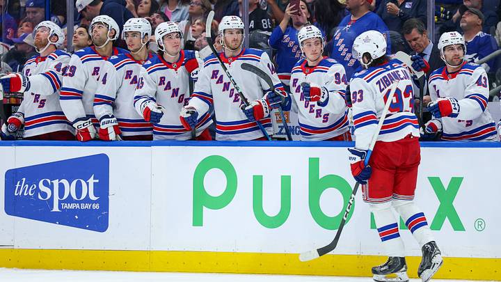 Apr 15, 2026; Tampa, Florida, USA; New York Rangers center Mika Zibanejad (93) reacts after scoring a goal against the Tampa Bay Lightning in the second period at Benchmark International Arena. Mandatory Credit: Nathan Ray Seebeck-Imagn Images Apr 15, 2026; Tampa, Florida, USA; New York Rangers center Mika Zibanejad (93) reacts after scoring a goal against the Tampa Bay Lightning in the second period at Benchmark International Arena. Mandatory Credit: Nathan Ray Seebeck-Imagn Images
