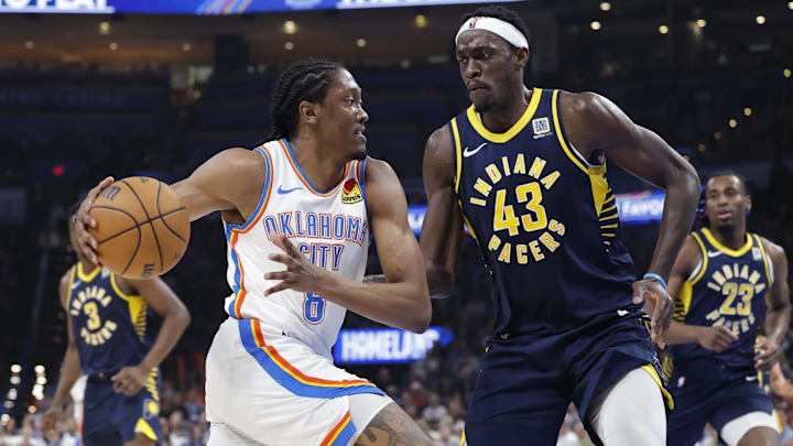 Mar 29, 2025; Oklahoma City, Oklahoma, USA; Oklahoma City Thunder forward Jalen Williams (8) drives to the basket against Indiana Pacers forward Pascal Siakam (43) during the second quarter at Paycom Center. Mandatory Credit: Alonzo Adams-Imagn Images