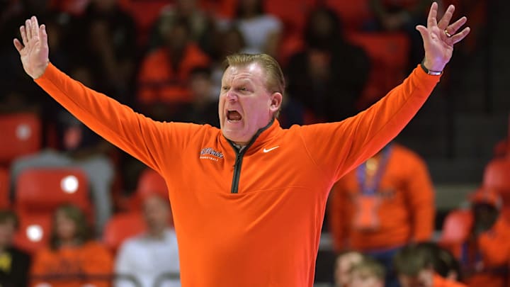 Feb 25, 2025; Champaign, Illinois, USA;  Illinois Fighting Illinois head coach Brad Underwood during the second half against the Iowa Hawkeyes at State Farm Center. Mandatory Credit: Ron Johnson-Imagn Images