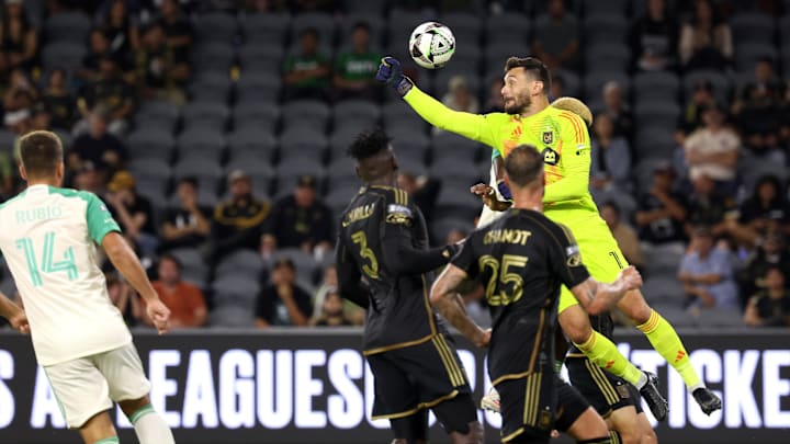 Aug 7, 2024; Los Angeles, California, USA;  LAFC goalkeeper Hugo Lloris (1) punches the ball away during the second half against the Austin FC at BMO Stadium. Mandatory Credit: Kiyoshi Mio-USA TODAY Sports