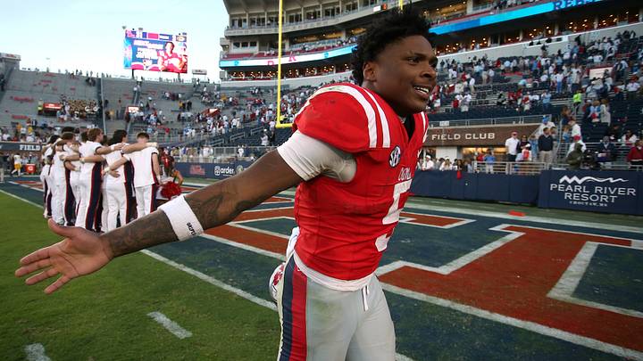 Oct 17, 2026; Oxford, Mississippi, USA; Mississippi Rebels running back Kewan Lacy (5) celebrates after the game against the Missouri Tigers at Vaught-Hemingway Stadium. Oct 17, 2026; Oxford, Mississippi, USA; Mississippi Rebels running back Kewan Lacy (5) celebrates after the game against the Missouri Tigers at Vaught-Hemingway Stadium.