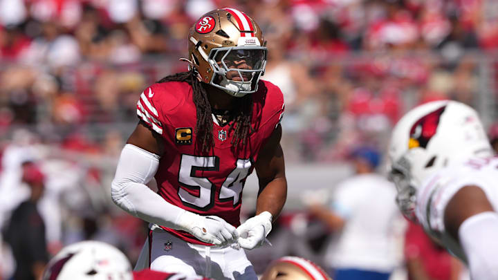 Oct 6, 2024; Santa Clara, California, USA; San Francisco 49ers linebacker Fred Warner (54) during the first quarter against the Arizona Cardinals at Levi's Stadium. Mandatory Credit: Darren Yamashita-Imagn Images