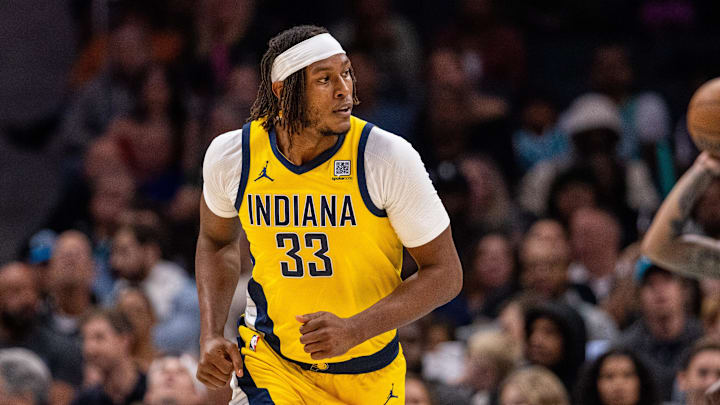Nov 8, 2024; Charlotte, North Carolina, USA; Indiana Pacers center Myles Turner (33) during the second quarter against the Charlotte Hornets at Spectrum Center. Mandatory Credit: Scott Kinser-Imagn Images