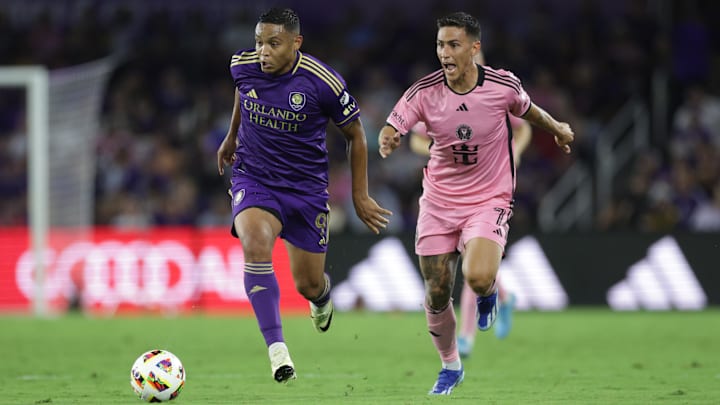 May 15, 2024; Orlando, Florida, USA; Orlando City forward Luis Muriel (9) plays the ball defend by