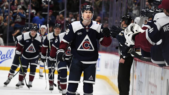 Jan 31, 2025; Denver, Colorado, USA; Colorado Avalanche center Martin Necas (88) celebrates after a goal during the first period against the St. Louis Blues at Ball Arena. Mandatory Credit: Christopher Hanewinckel-Imagn Images