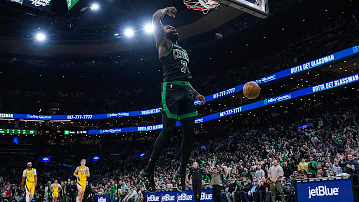Dec 27, 2024; Boston, Massachusetts, USA; Boston Celtics guard Jaylen Brown (7) makes the basket against the Indiana Pacers in the second quarter at TD Garden. Mandatory Credit: David Butler II-Imagn Images Dec 27, 2024; Boston, Massachusetts, USA; Boston Celtics guard Jaylen Brown (7) makes the basket against the Indiana Pacers in the second quarter at TD Garden. Mandatory Credit: David Butler II-Imagn Images