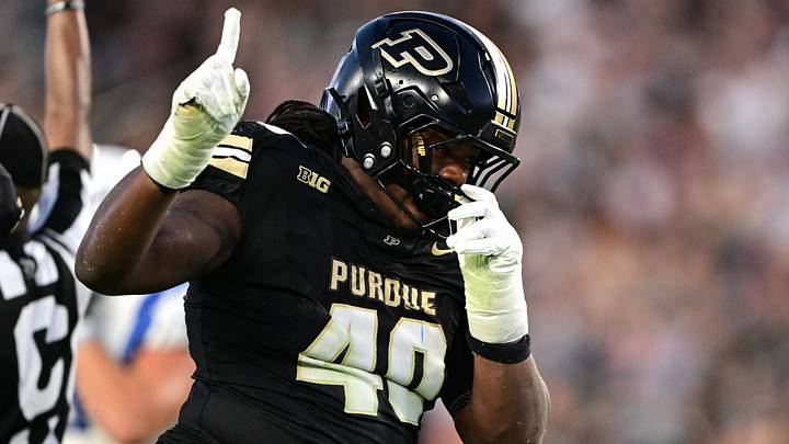 Sep 4, 2026; West Lafayette, Indiana, USA; Purdue Boilermakers defensive lineman Ian Jeffries (40) celebrates after a sack. Sep 4, 2026; West Lafayette, Indiana, USA; Purdue Boilermakers defensive lineman Ian Jeffries (40) celebrates after a sack.