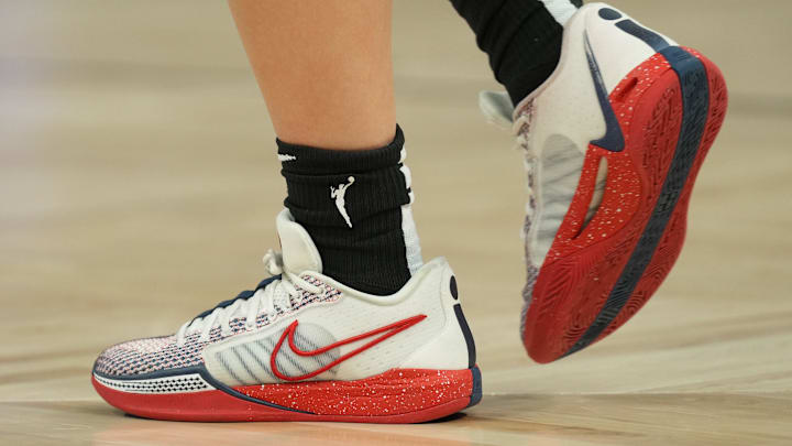 Jun 19, 2025; San Francisco, California, USA; The shoes of Golden State Valkyries guard Kaitlyn Chen (2) before the game against the Indiana Fever at Chase Center. Mandatory Credit: Darren Yamashita-Imagn Images