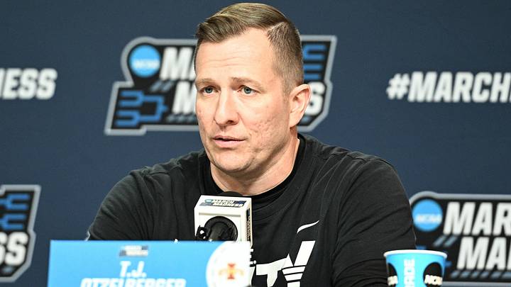 Mar 20, 2024; Omaha, NE, USA; Iowa State Cyclones head coach T.J. Otzelberger talks with the media during the NCAA first round practice session at CHI Health Center Omaha. Mar 20, 2024; Omaha, NE, USA; Iowa State Cyclones head coach T.J. Otzelberger talks with the media during the NCAA first round practice session at CHI Health Center Omaha.
