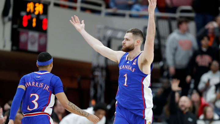 Kansas Jayhawks center Hunter Dickinson (1) celebrates after a basket during a college basketball game