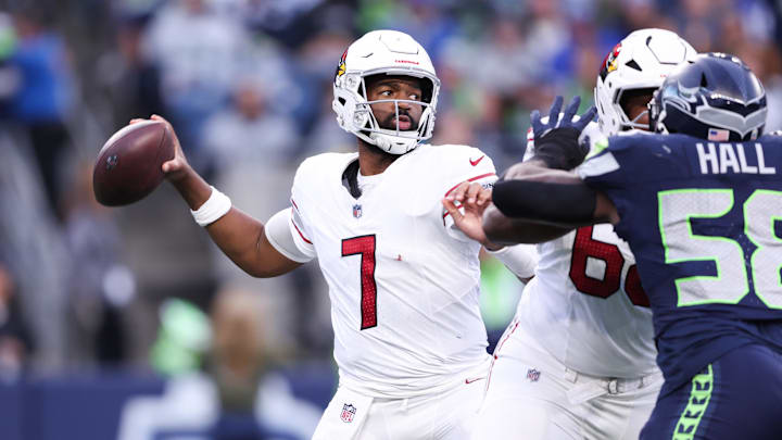 Nov 9, 2025; Seattle, Washington, USA; Arizona Cardinals quarterback Jacoby Brissett (7) throws a pass during the fourth quarter against the Seattle Seahawks at Lumen Field. Mandatory Credit: Kevin Ng-Imagn Images Nov 9, 2025; Seattle, Washington, USA; Arizona Cardinals quarterback Jacoby Brissett (7) throws a pass during the fourth quarter against the Seattle Seahawks at Lumen Field. Mandatory Credit: Kevin Ng-Imagn Images