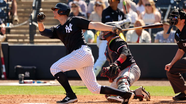 Feb 26, 2024; Tampa, Florida, USA; New York Yankees third baseman DJ LeMahieu (26) singles during Feb 26, 2024; Tampa, Florida, USA; New York Yankees third baseman DJ LeMahieu (26) singles during