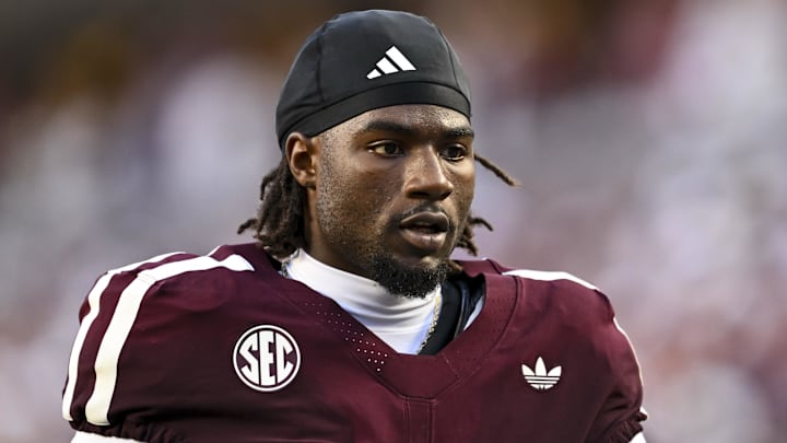 Oct 11, 2025; College Station, Texas, USA; Texas A&M Aggies running back Le'Veon Moss (8) looks on prior to the game against the Florida Gators at Kyle Field. Mandatory Credit: Maria Lysaker-Imagn Images 