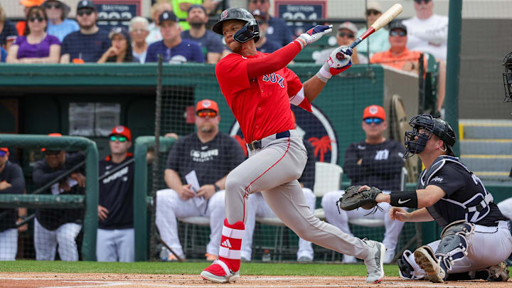 Feb 27, 2025; Lakeland, Florida, USA; Boston Red Sox second baseman Kristian Campbell (28) bats during the first inning against the Detroit Tigers at Publix Field at Joker Marchant Stadium. Mandatory Credit: Mike Watters-Imagn Images