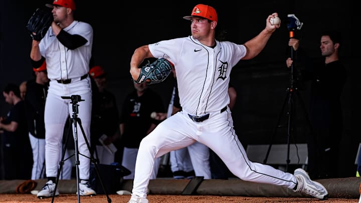 Detroit Tigers pitcher Tyler Holton practices during spring training at TigerTown in Lakeland, Fla. on Sunday, Feb. 15, 2026.