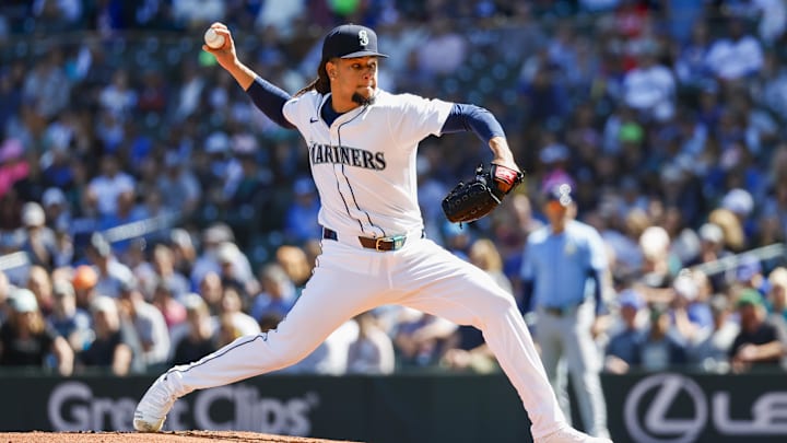 Aug 28, 2024; Seattle, Washington, USA; Seattle Mariners starting pitcher Luis Castillo (58) throws against the Tampa Bay Rays during the second inning at T-Mobile Park.