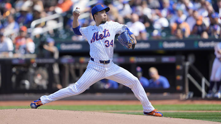 Aug 31, 2025; New York City, New York, USA; New York Mets pitcher Kodai Senga (34) delivers a pitch against the Miami Marlins during the second inning at Citi Field. Mandatory Credit: Gregory Fisher-Imagn Images