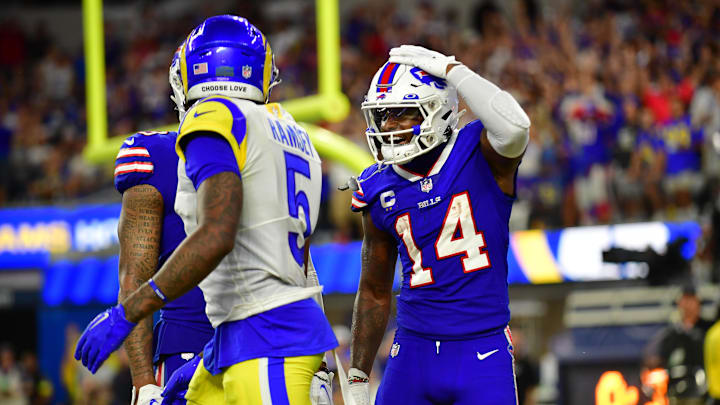 Sep 8, 2022; Inglewood, California, USA; Buffalo Bills wide receiver Stefon Diggs (14) celebrate s touchdown in in front of Los Angeles Rams cornerback Jalen Ramsey (5) in the fourth quarter at SoFi Stadium. Mandatory Credit: Gary A. Vasquez-Imagn Images Sep 8, 2022; Inglewood, California, USA; Buffalo Bills wide receiver Stefon Diggs (14) celebrate s touchdown in in front of Los Angeles Rams cornerback Jalen Ramsey (5) in the fourth quarter at SoFi Stadium. Mandatory Credit: Gary A. Vasquez-Imagn Images