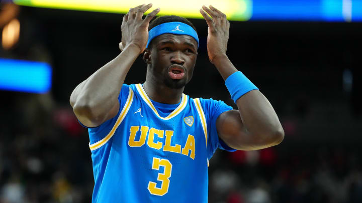 Mar 14, 2024; Las Vegas, NV, USA; UCLA Bruins forward Adem Bona (3) reacts after the Bruins were