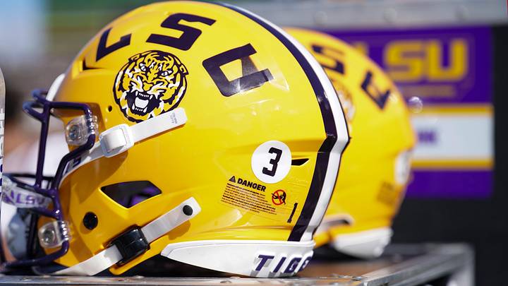 Oct 7, 2023; Columbia, Missouri, USA; A general view of a LSU Tigers helmet against the Missouri Tigers during the first half at Faurot Field at Memorial Stadium. Mandatory Credit: Denny Medley-Imagn Images Oct 7, 2023; Columbia, Missouri, USA; A general view of a LSU Tigers helmet against the Missouri Tigers during the first half at Faurot Field at Memorial Stadium. Mandatory Credit: Denny Medley-Imagn Images