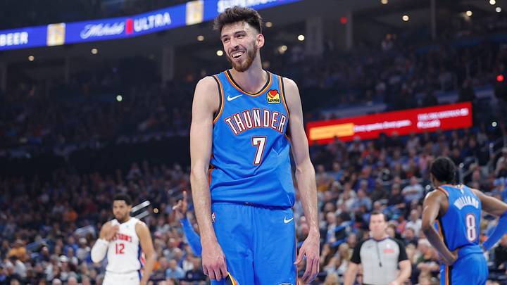 Apr 2, 2025; Oklahoma City, Oklahoma, USA; Oklahoma City Thunder forward Chet Holmgren (7) reacts after a call against him on a play against the Detroit Pistons during the first quarter at Paycom Center. Mandatory Credit: Alonzo Adams-Imagn Images