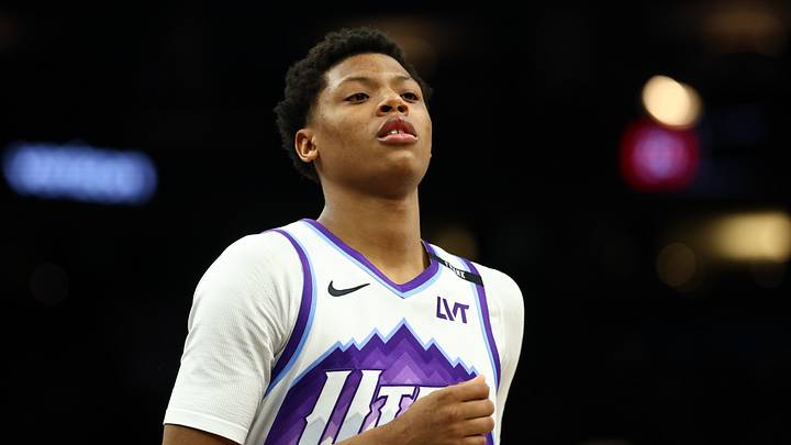 Mar 28, 2026; Phoenix, Arizona, USA; Utah Jazz guard Ace Bailey (19) against the Phoenix Suns at Mortgage Matchup Center. Mandatory Credit: Mark J. Rebilas-Imagn Images