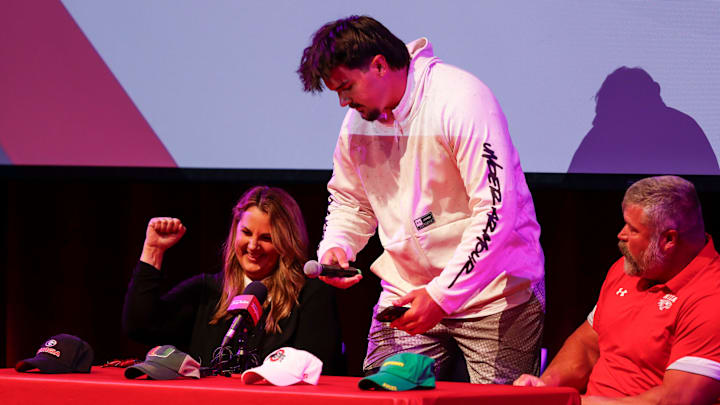 Nixa High School offensive tackle Jackson Cantwell, the No. 1 ranked high school football recruit for the class of 2026, takes the stage before announcing he will attend Miami to play football during a ceremony on Tuesday, May 13, 2025.