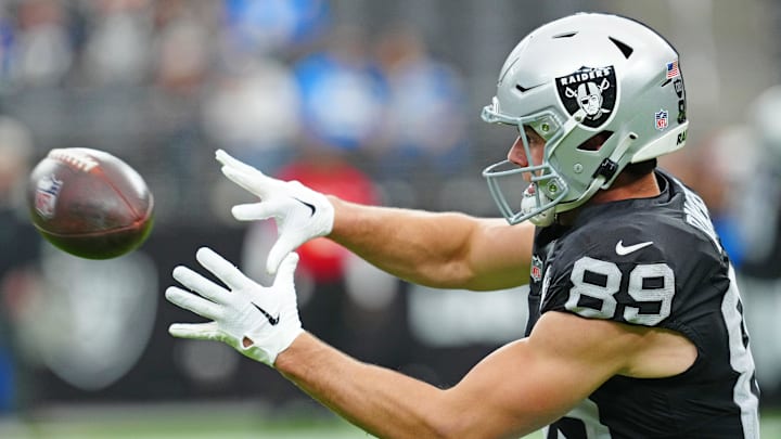 Jan 5, 2025; Paradise, Nevada, USA; Las Vegas Raiders tight end Brock Bowers (89) warms up before a game against the Los Angeles Chargers at Allegiant Stadium. Mandatory Credit: Stephen R. Sylvanie-Imagn Images