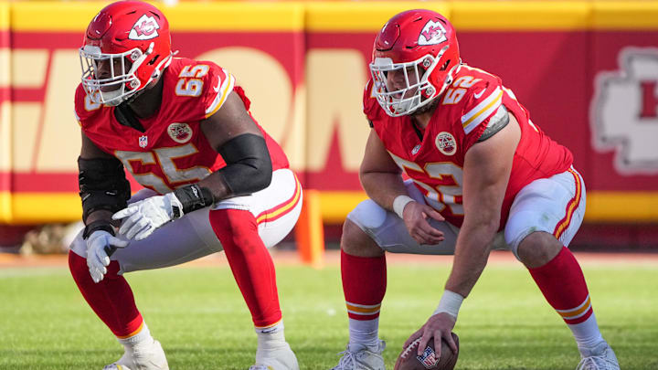 Nov 10, 2024; Kansas City, Missouri, USA; Kansas City Chiefs guard Trey Smith (65) and center Creed Humphrey (52) at the line of scrimmage against the Denver Broncos during the game at GEHA Field at Arrowhead Stadium. Mandatory Credit: Denny Medley-Imagn Images Nov 10, 2024; Kansas City, Missouri, USA; Kansas City Chiefs guard Trey Smith (65) and center Creed Humphrey (52) at the line of scrimmage against the Denver Broncos during the game at GEHA Field at Arrowhead Stadium. Mandatory Credit: Denny Medley-Imagn Images