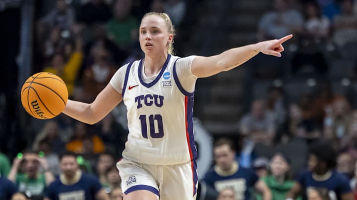 Mar 29, 2025; Birmingham, AL, USA; TCU Horned Frogs guard Hailey Van Lith (10) signals to her teammates during the second half of a Sweet 16 NCAA Tournament basketball game against the Notre Dame Fighting Irish at Legacy Arena. Mandatory Credit: Vasha Hunt-Imagn Images