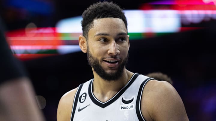 Jan 25, 2023; Philadelphia, Pennsylvania, USA; Brooklyn Nets guard Ben Simmons (10) smiles in the direction of fans during the fourth quarter against the Philadelphia 76ers at Wells Fargo Center. Mandatory Credit: Bill Streicher-Imagn Images