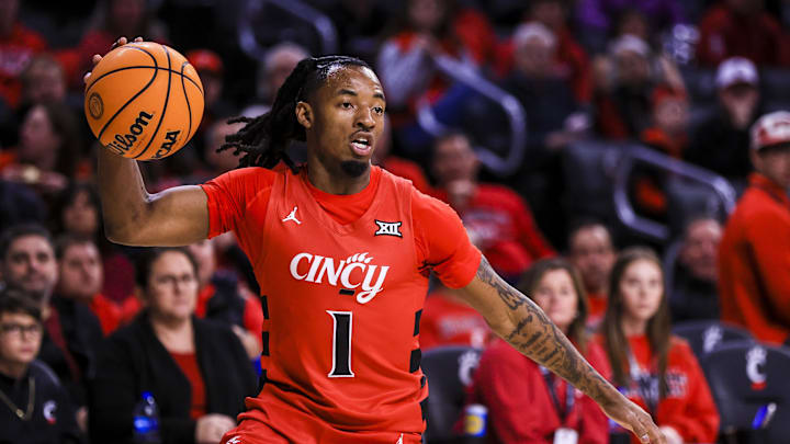 Mar 5, 2025; Cincinnati, Ohio, USA; Cincinnati Bearcats guard Day Day Thomas (1) dribbles against the Kansas State Wildcats in the first half at Fifth Third Arena. Mandatory Credit: Katie Stratman-Imagn Images