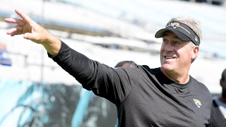 Sep 24, 2023; Jacksonville, Florida, USA; Jacksonville Jaguars head coach Doug Pederson waves to Sep 24, 2023; Jacksonville, Florida, USA; Jacksonville Jaguars head coach Doug Pederson waves to