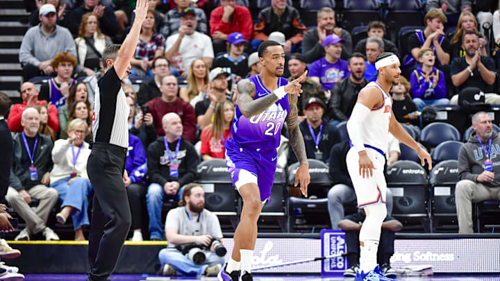 Nov 23, 2024; Salt Lake City, Utah, USA; Utah Jazz forward/center John Collins (20) reacts after scoring a basket against the New York Knicks during the first half at the Delta Center. Mandatory Credit: Christopher Creveling-Imagn Images Nov 23, 2024; Salt Lake City, Utah, USA; Utah Jazz forward/center John Collins (20) reacts after scoring a basket against the New York Knicks during the first half at the Delta Center. Mandatory Credit: Christopher Creveling-Imagn Images
