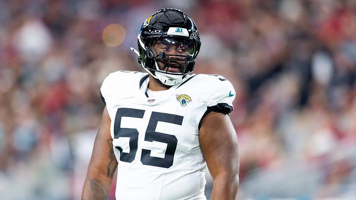Nov 23, 2025; Glendale, Arizona, USA; Jacksonville Jaguars offensive lineman Chuma Edoga (55) against the Arizona Cardinals at State Farm Stadium. Mandatory Credit: Mark J. Rebilas-Imagn Images Nov 23, 2025; Glendale, Arizona, USA; Jacksonville Jaguars offensive lineman Chuma Edoga (55) against the Arizona Cardinals at State Farm Stadium. Mandatory Credit: Mark J. Rebilas-Imagn Images