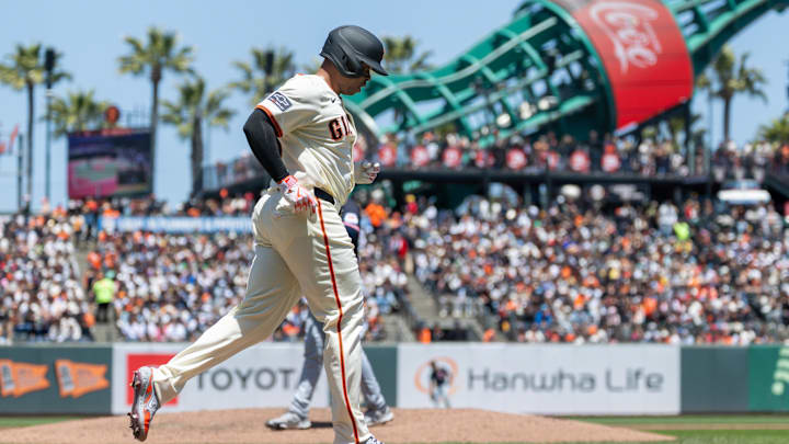 Jun 19, 2025; San Francisco, California, USA; San Francisco Giants infielder Rafael Devers (16) is walked during the third inning against the Cleveland Guardians at Oracle Park. 
