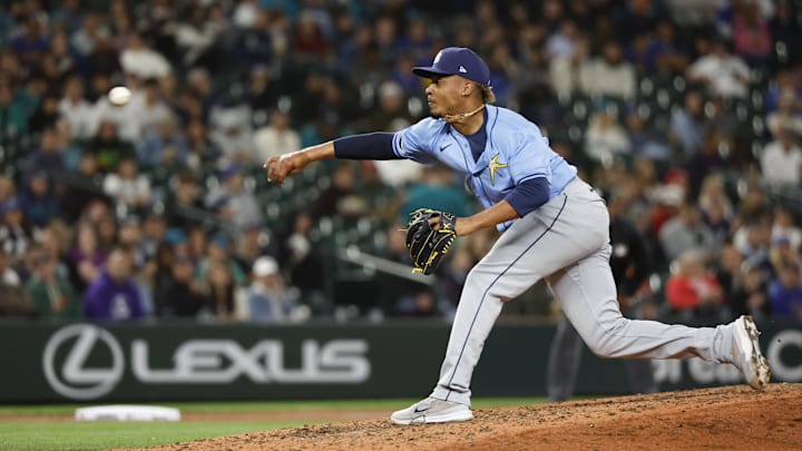 Aug 27, 2024; Seattle, Washington, USA; Tampa Bay Rays relief pitcher Edwin Uceta (63) throws against the Seattle Mariners during the sixth inning at T-Mobile Park.