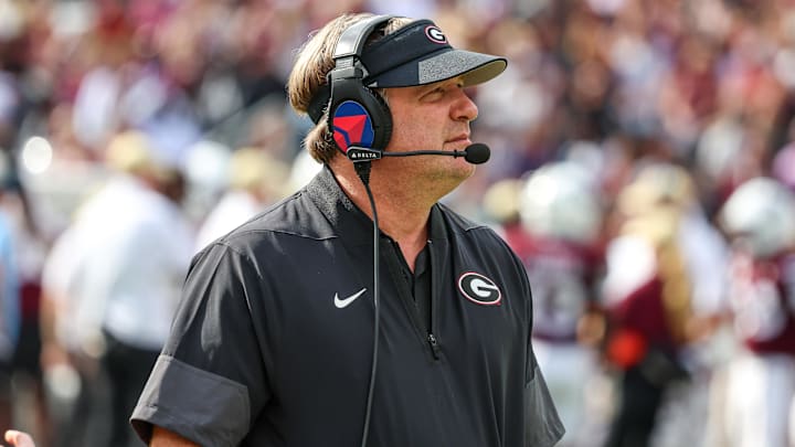 Nov 8, 2025; Starkville, Mississippi, USA; Georgia Bulldogs head coach Kirby Smart looks on against the Mississippi State Bulldogs during the first half at Davis Wade Stadium at Scott Field. Mandatory Credit: Wesley Hale-Imagn Images