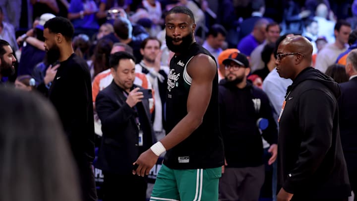May 16, 2025; New York, New York, USA: Boston Celtics guard Jaylen Brown (7) walks off the court after losing to the New York Knicks in game six in the second round of the 2025 NBA Playoffs at Madison Square Garden. Mandatory Credit: Brad Penner-Imagn Images