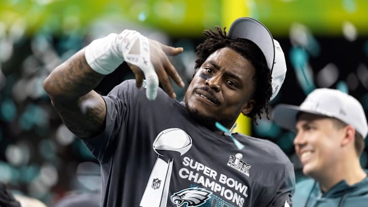 Feb 9, 2025; New Orleans, LA, USA; Philadelphia Eagles   safety C.J. Gardner-Johnson celebrates after defeating the Kansas City Chiefs in Super Bowl LIX at Ceasars Superdome. Mandatory Credit: Mark J. Rebilas-Imagn Images