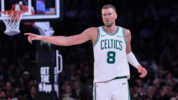 Apr 8, 2025; New York, New York, USA; Boston Celtics center Kristaps Porzingis (8) reacts during the second half against the New York Knicks at Madison Square Garden. Mandatory Credit: John Jones-Imagn Images Apr 8, 2025; New York, New York, USA; Boston Celtics center Kristaps Porzingis (8) reacts during the second half against the New York Knicks at Madison Square Garden. Mandatory Credit: John Jones-Imagn Images