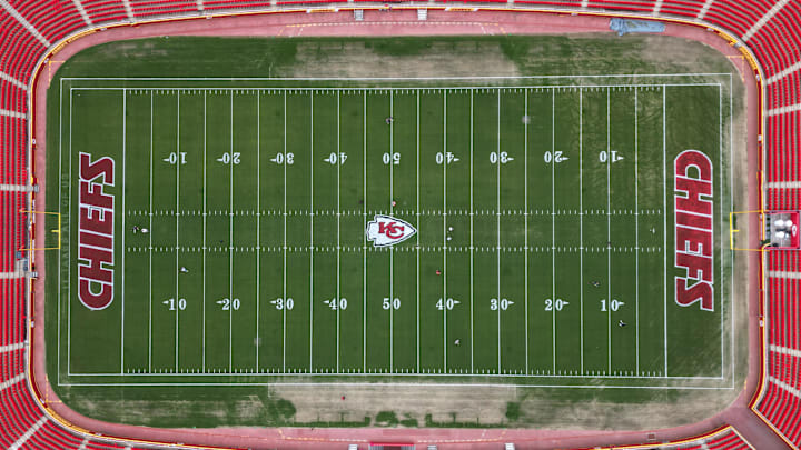 Apr 26, 2023; Kansas City, MO, USA; An aerial view of Arrowhead Stadium, the home of the Kansas City Chiefs. Mandatory Credit: Kirby Lee-Imagn Images