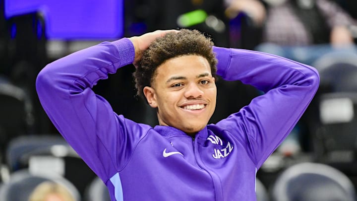 Feb 13, 2025; Salt Lake City, Utah, USA; Utah Jazz guard Keyonte George (3) warms up before a game against the LA Clippers at the Delta Center. Mandatory Credit: Christopher Creveling-Imagn Images