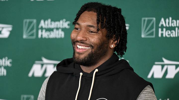 New York Jets edge Kingsley Enagbare (52) speaks at a press conference during training camp at Atlantic Health Jets Training Center. Mandatory Credit: John Jones-Imagn Images New York Jets edge Kingsley Enagbare (52) speaks at a press conference during training camp at Atlantic Health Jets Training Center. Mandatory Credit: John Jones-Imagn Images